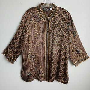 Bob Mackie Brown Paisley & Geometric Button-Front Shirt 100 % Silk Artsy